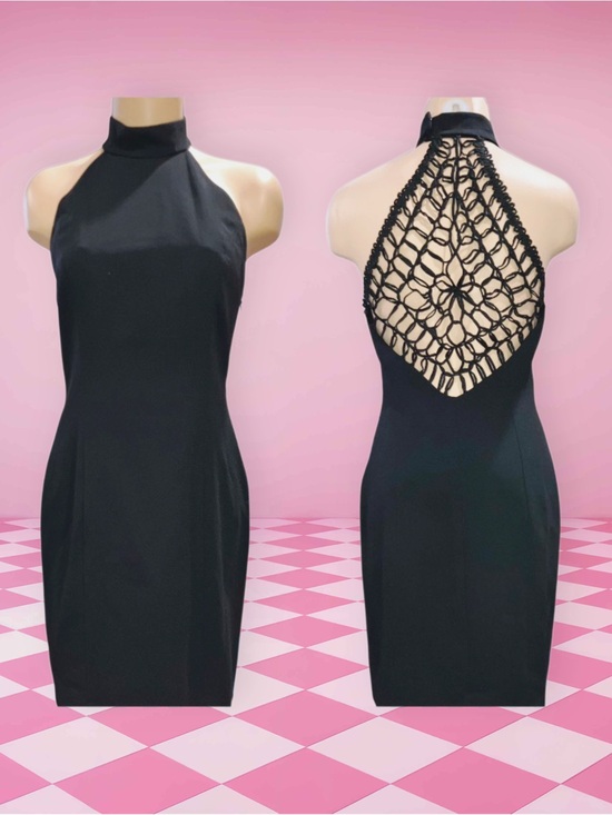 Laundry By Shelli Segal Dresses & Skirts - Vintage 90s Laundry by Shelli Segal Black Crochet High Neck Halter Dress Sz 6